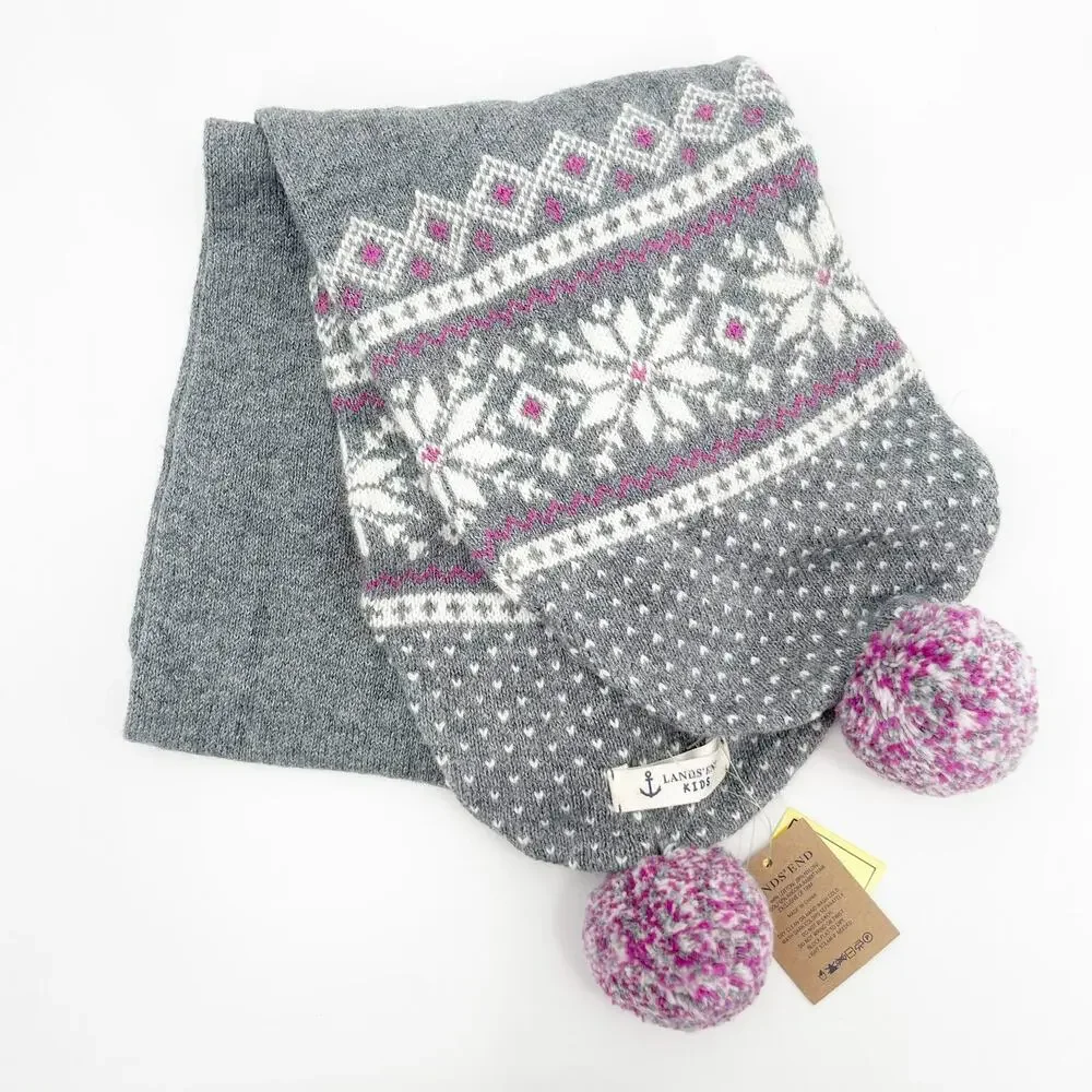 LANDS END Kids Scarf Wool Angora Rabbit Hair Blend NWT Gray Fair Isle Snowflakes